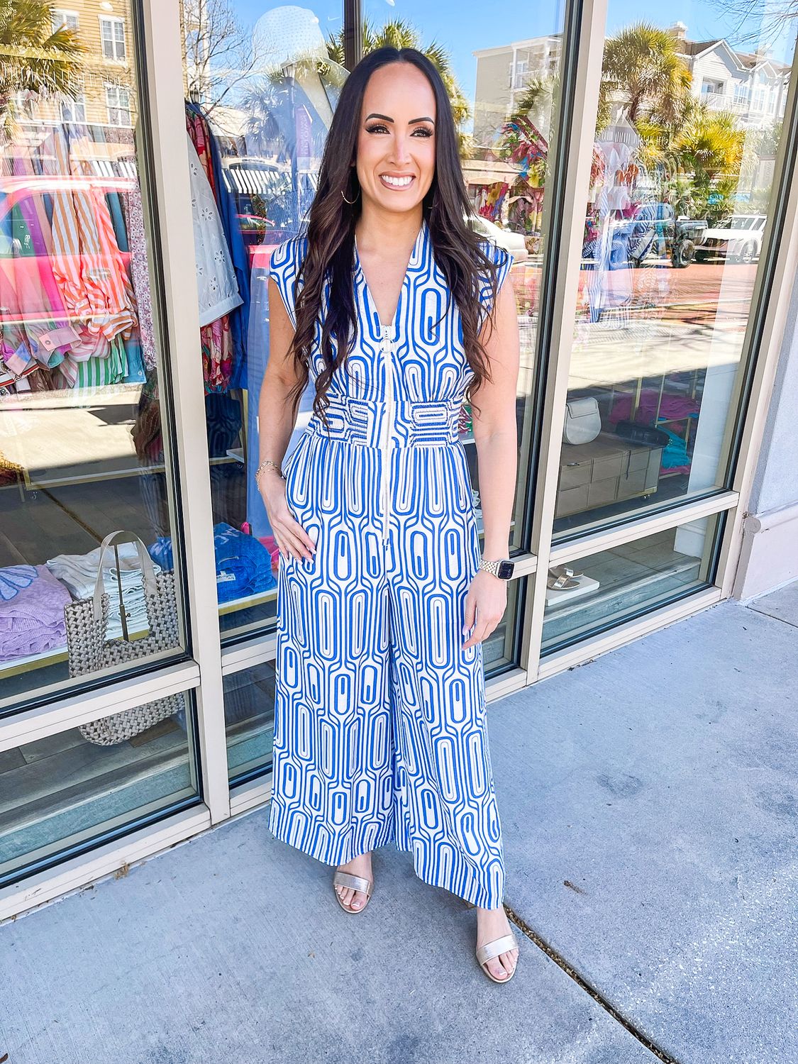 Smocking  Waist Zipper Abstract Jumpsuit - Blue