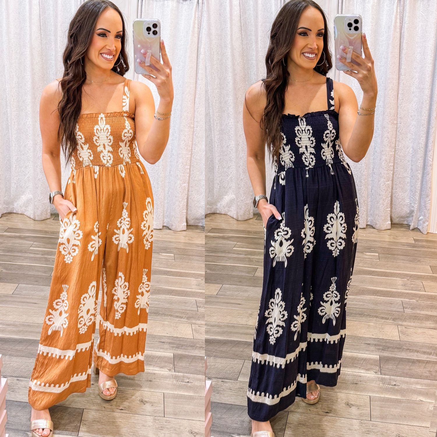 Border Print Smocked Jumpsuit