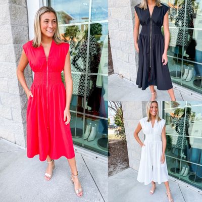 Smocking Waist Zipper Midi Dress