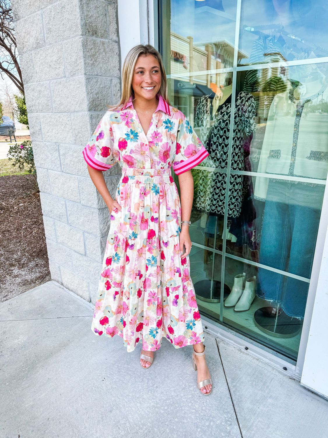 Contrast Detail Floral Button Up Maxi Dress - Berry