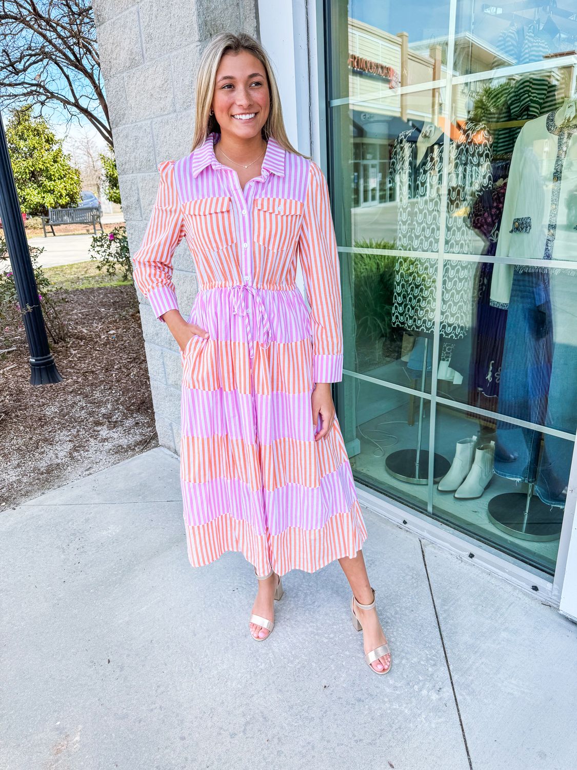 Striped Color Block Button Down Midi Dress - Pink