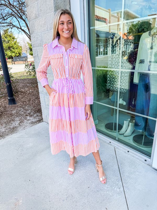 Striped Color Block Button Down Midi Dress - Pink