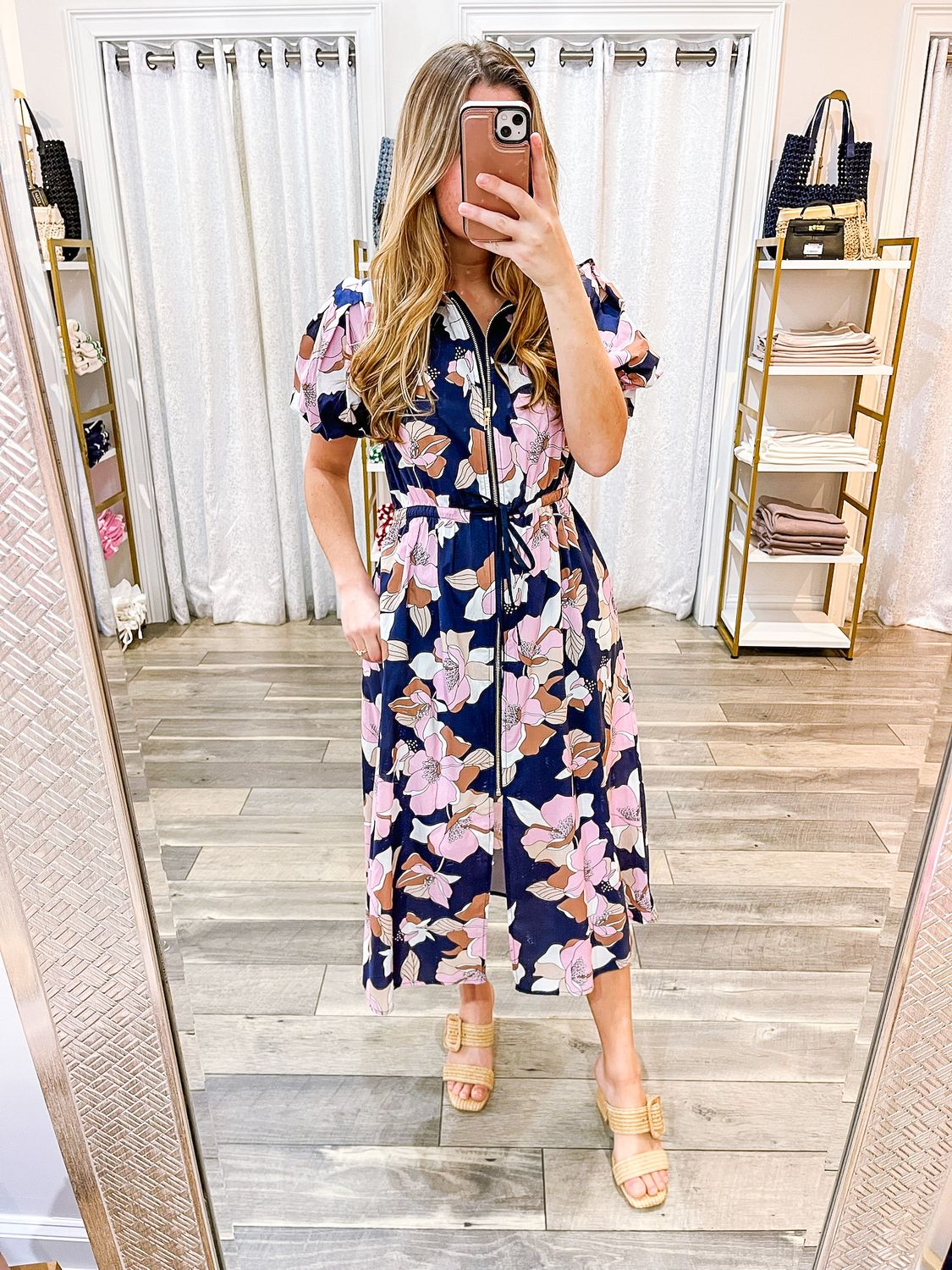 Tie Waist Zipper Floral Midi Dress - Navy