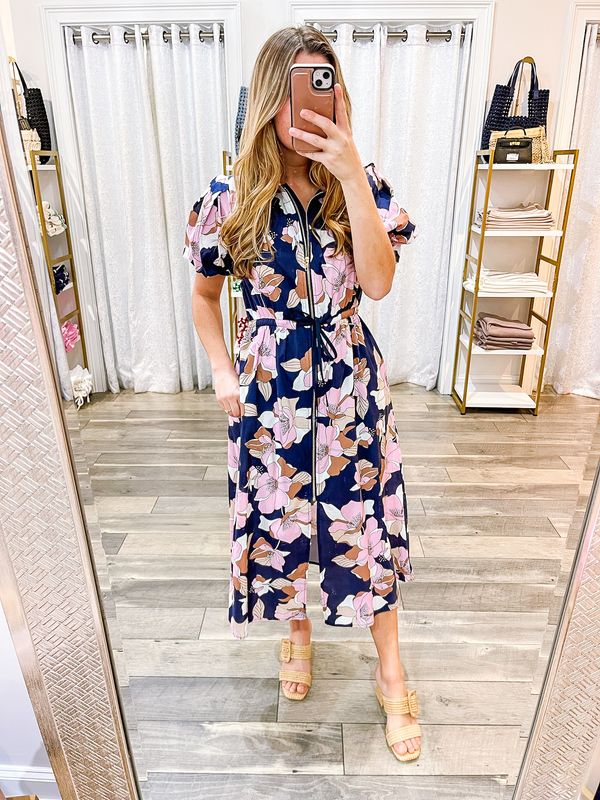 Tie Waist Zipper Floral Midi Dress - Navy