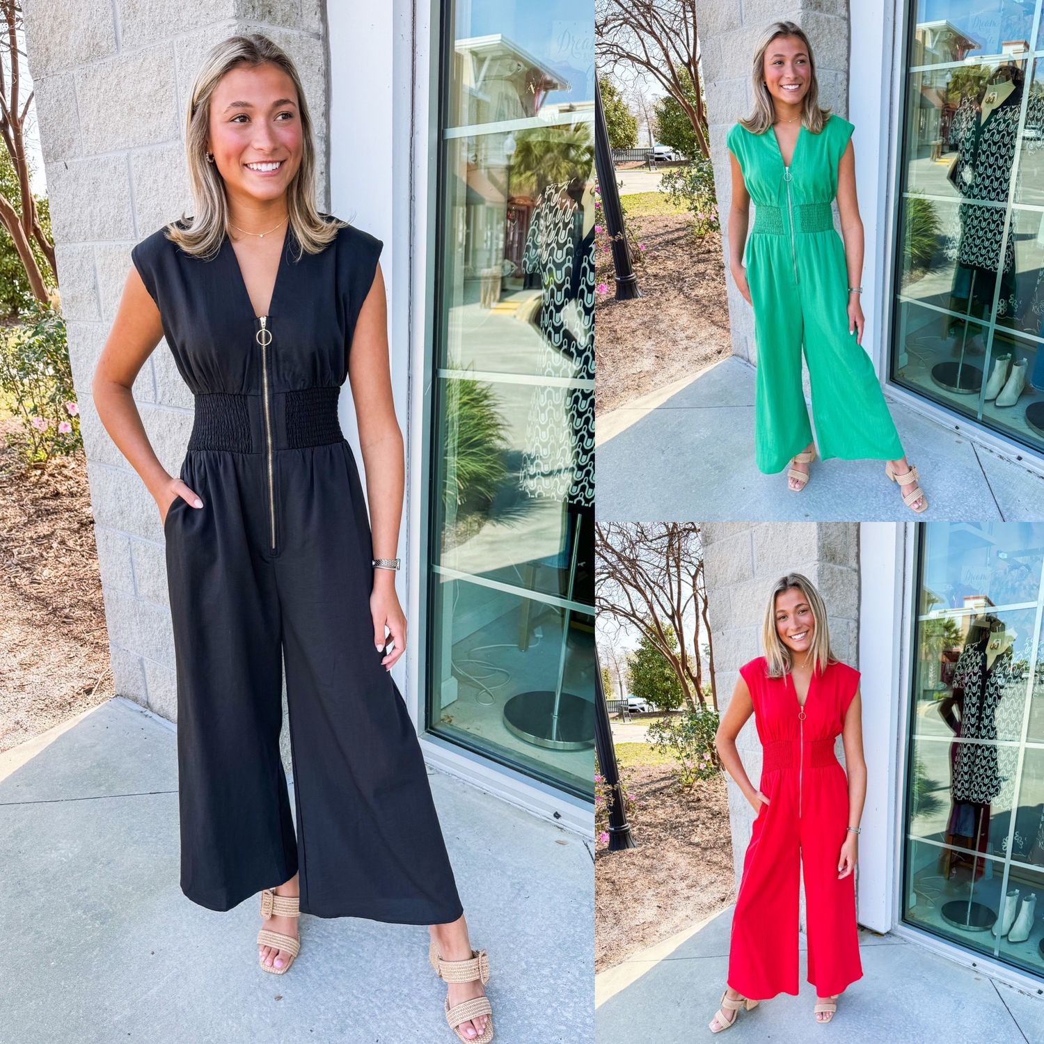 Smocked Waist Zipper Jumpsuit