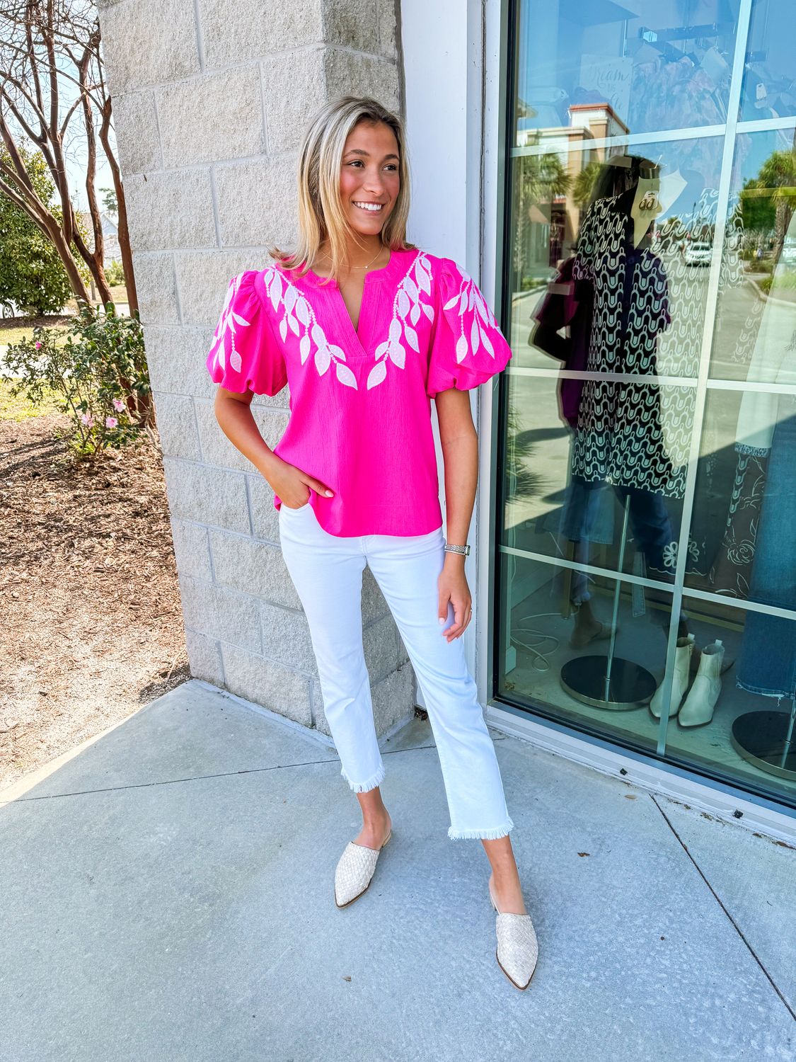 Puff Sleeves Embroidery Detail Top - Hot Pink