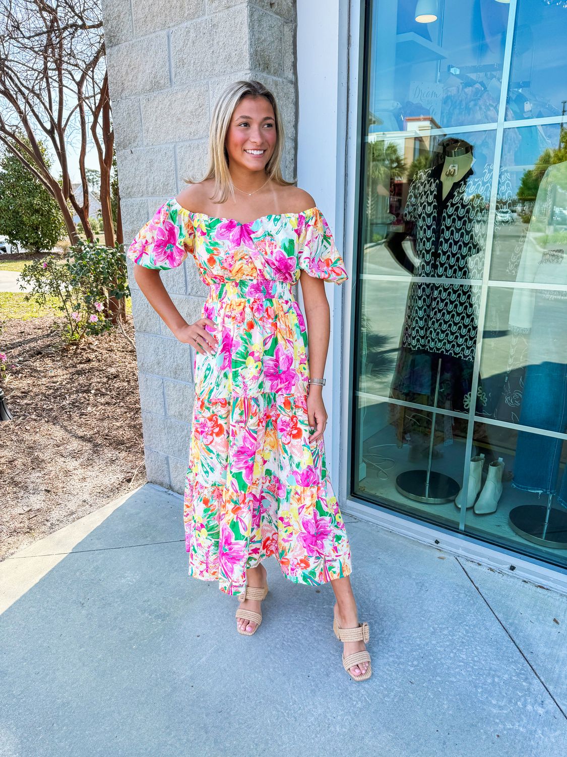 Puff Sleeves Floral Midi Dress - Fuchsia