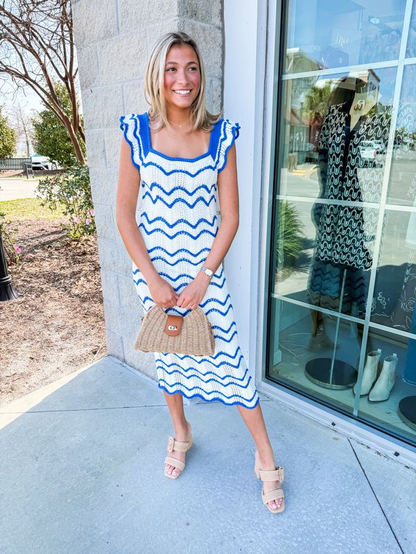 Scalloped Knit Midi Dress - Blue