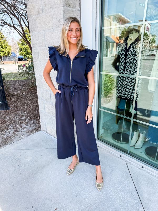 Ruffled Zip Up Jumpsuit - Navy