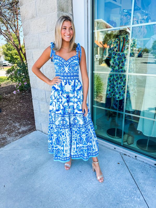 Mix Paisley Tie Shoulders Midi Dress - Blue