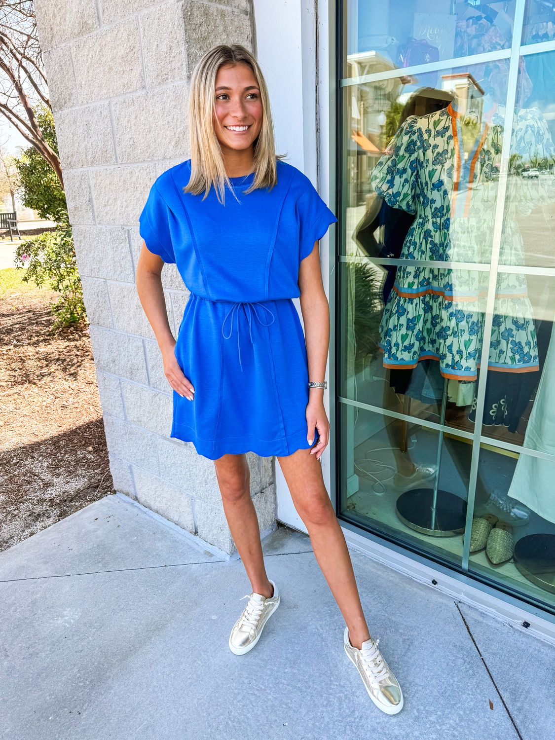 Drawstring Waist Scalloped Trim Dress - Ocean
