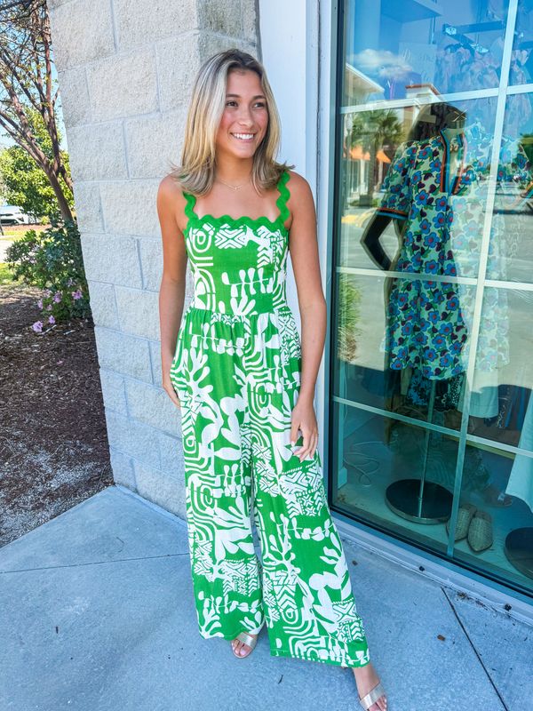 Ric Rac Straps Abstract Jumpsuit - Green