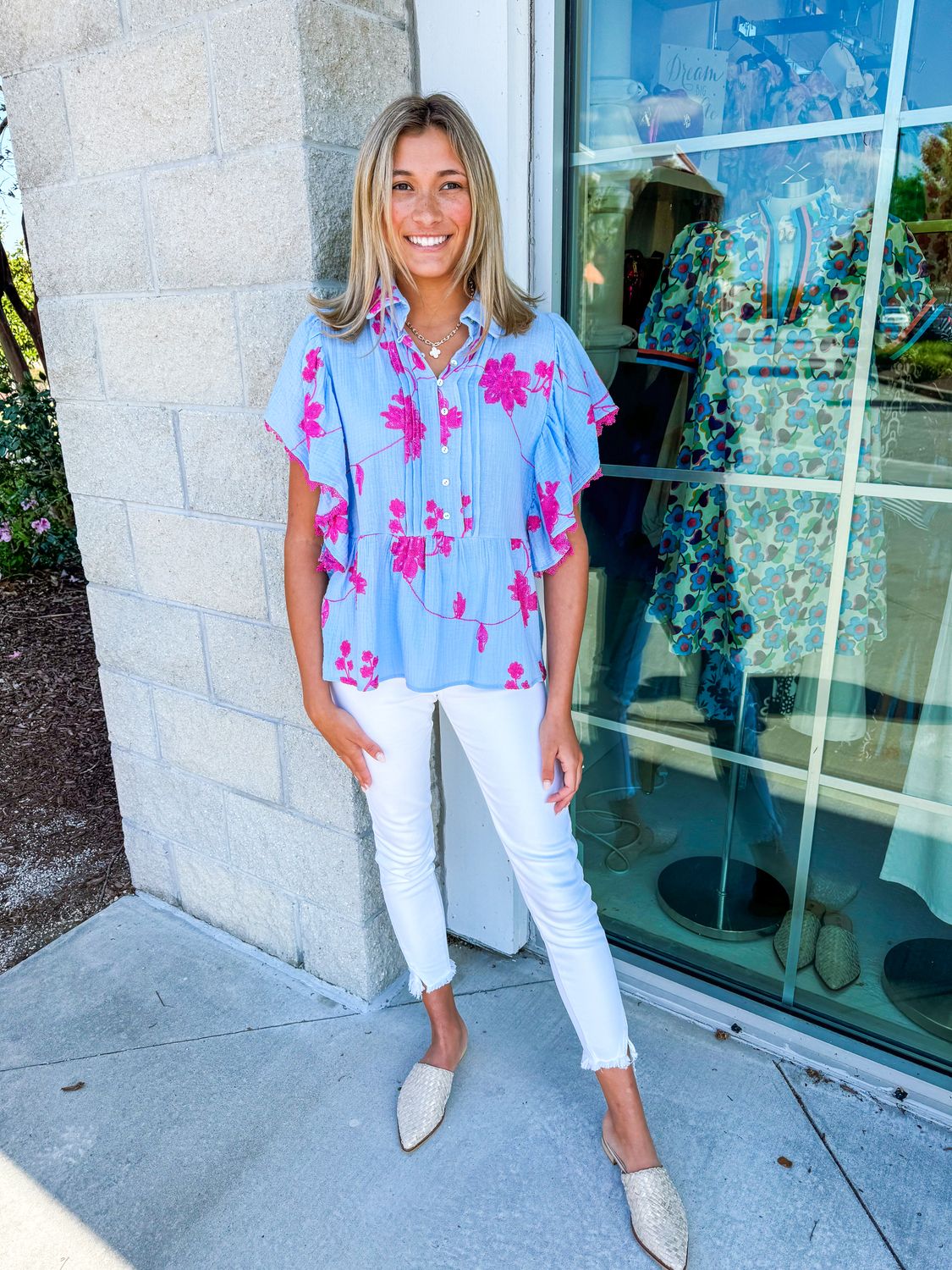 Floral Embroidered Button Up Top - Blue/Pink