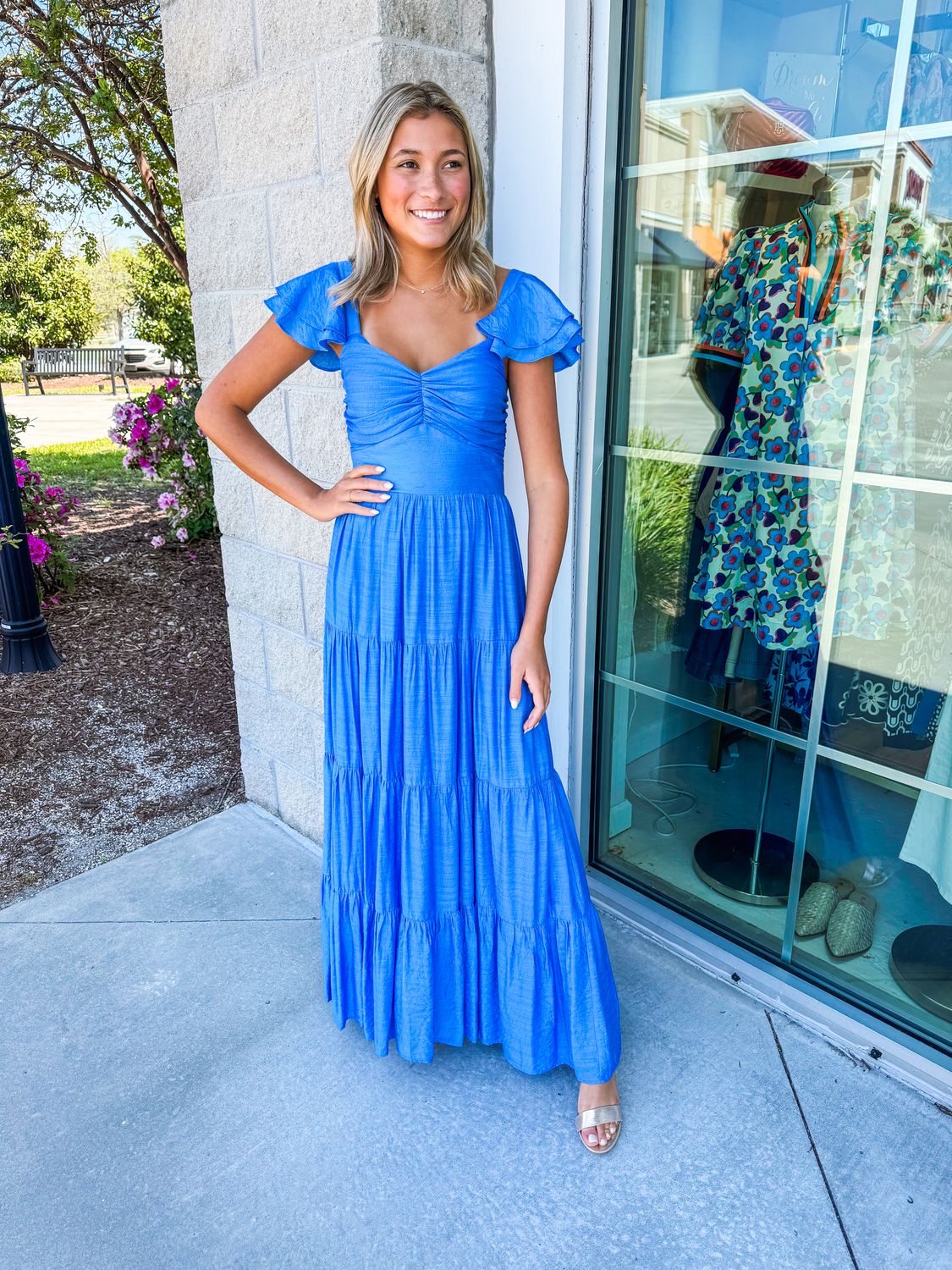 Layered Sleeves Cinched Maxi Dress - Periwinkle