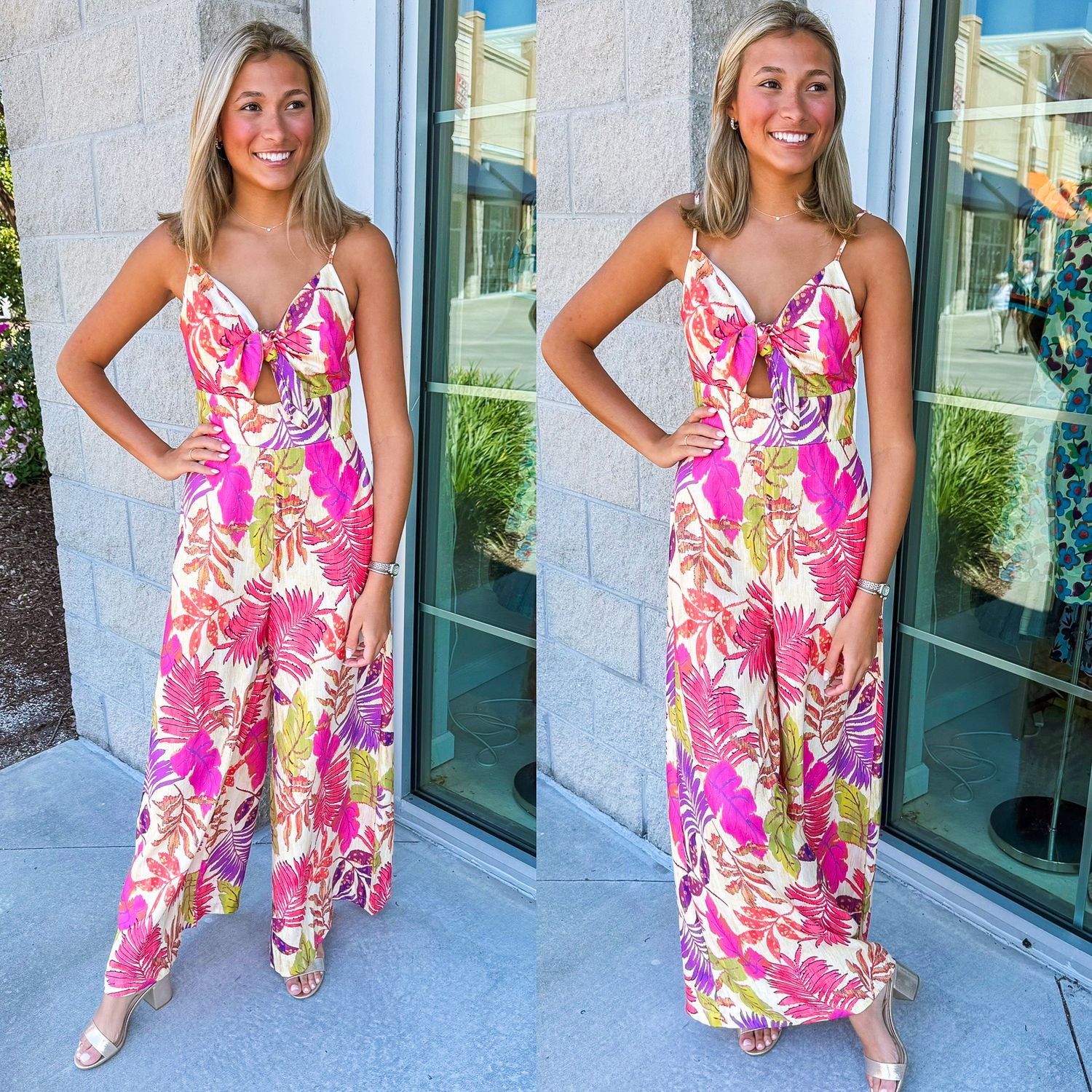 Tie Front Tropical Jumpsuit - Pink
