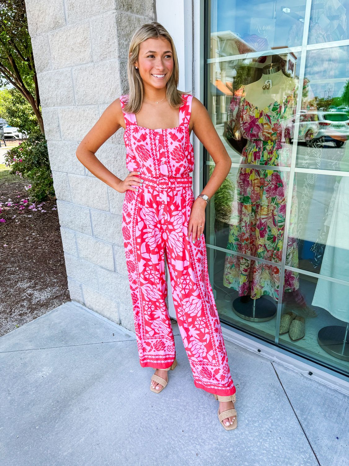Abstract Border Print Button Down Jumpsuit - Coral Pink