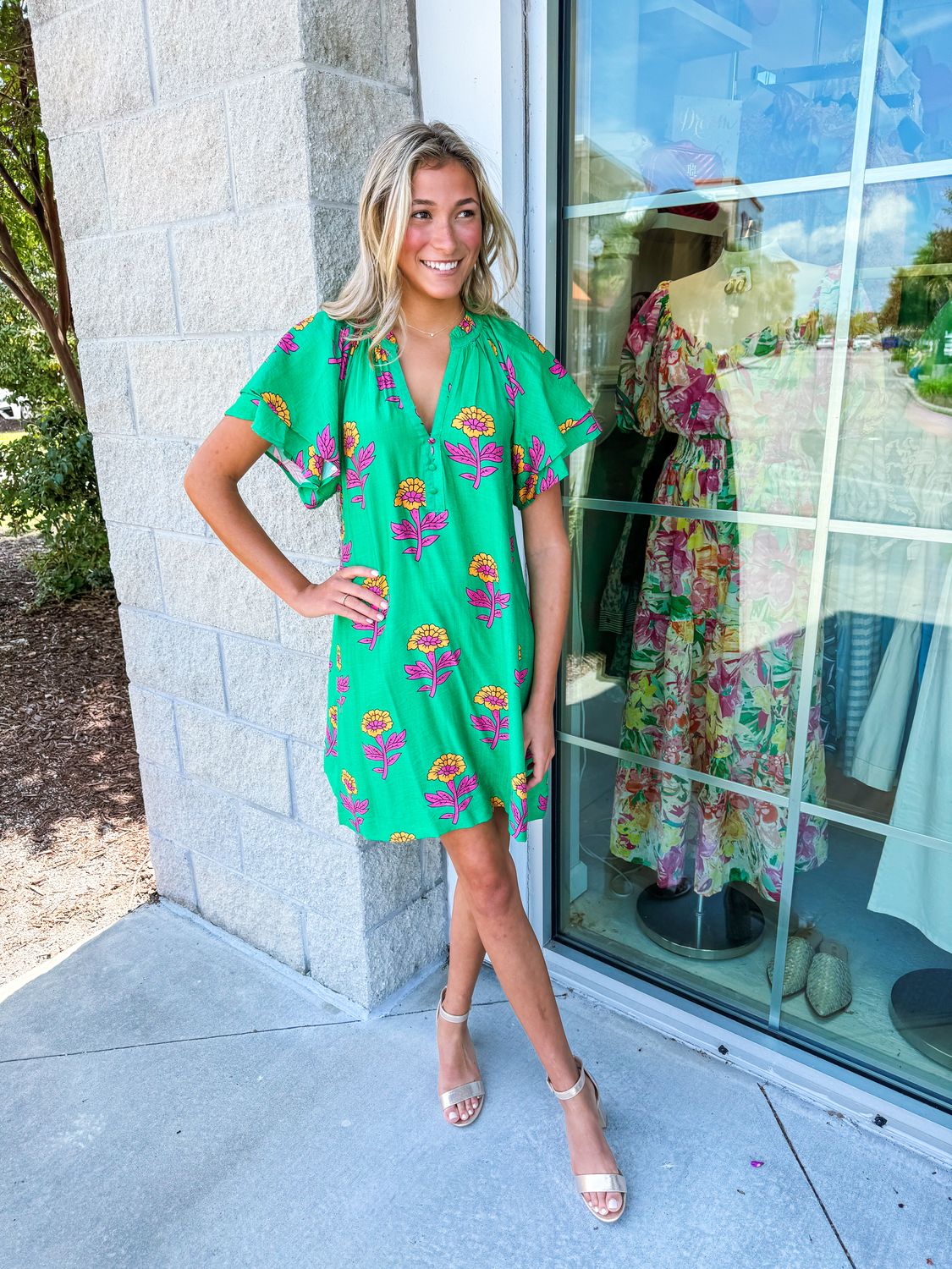 Flutter Sleeves Floral Dress - Green