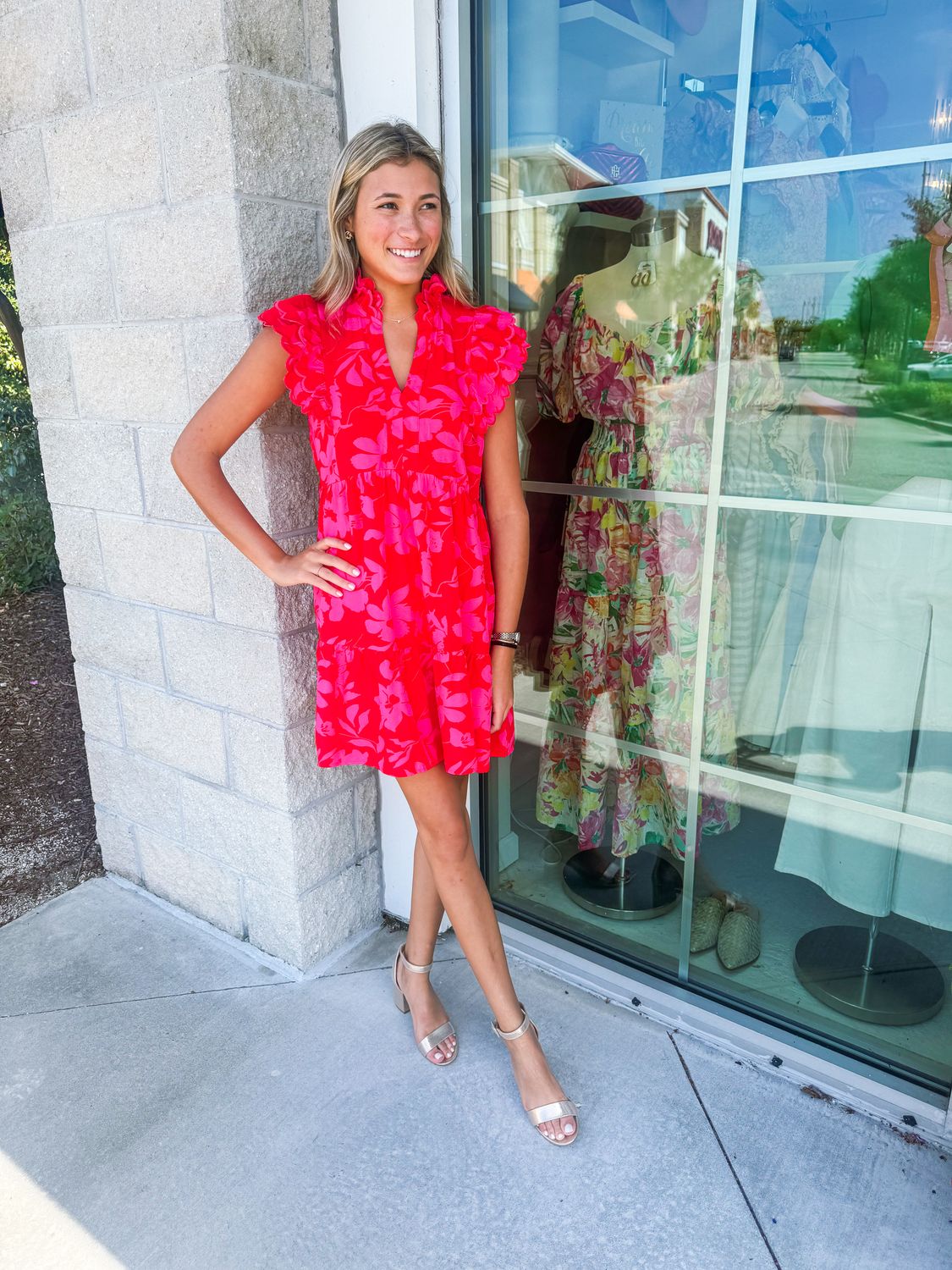 Scalloped Trim Ruffle Floral Dress - Red