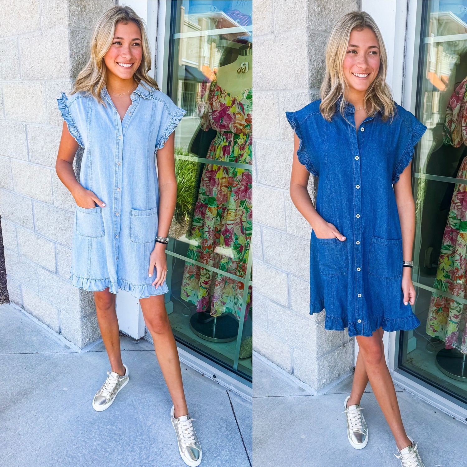 Ruffled Sleeves Denim Button Down Dress