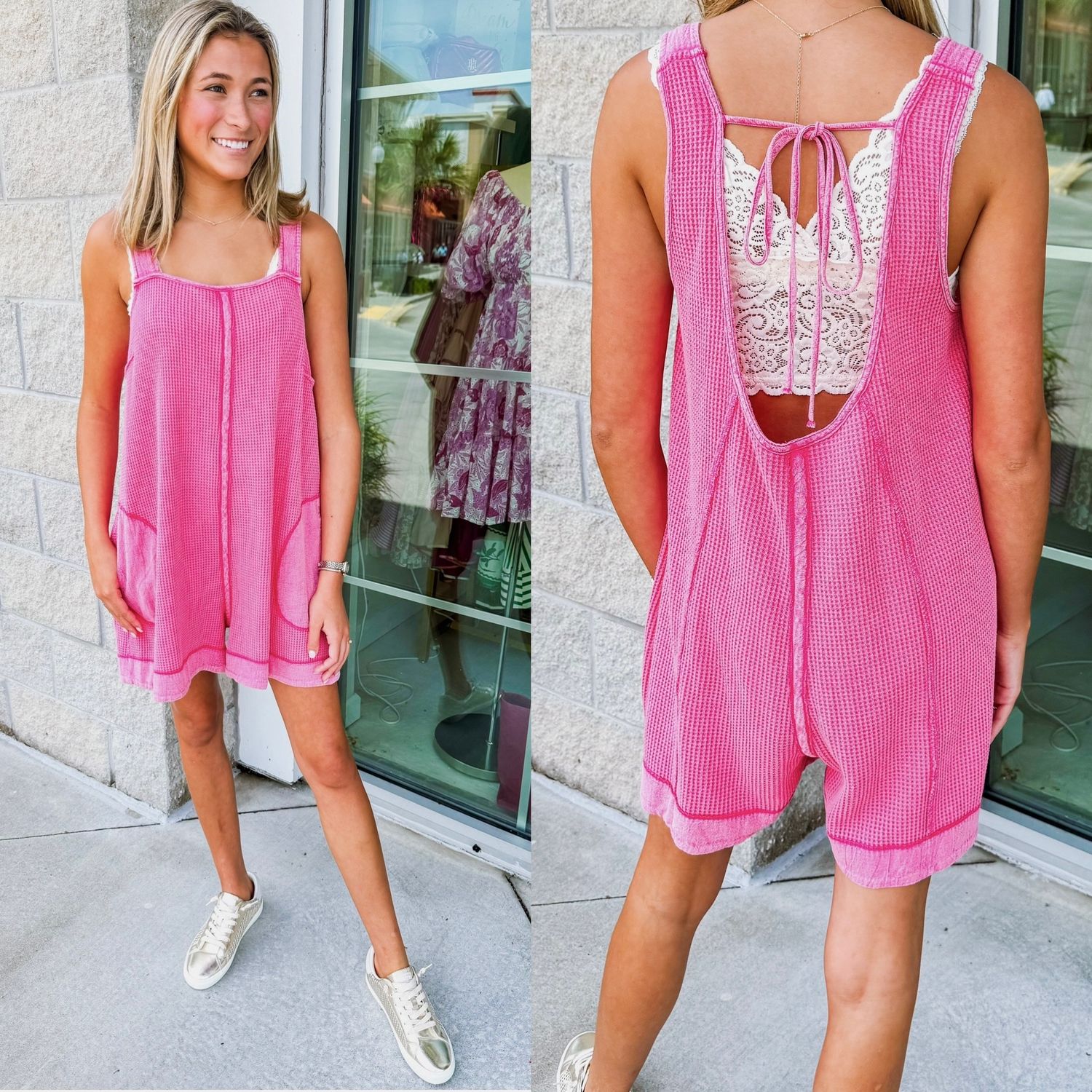 Waffle Knit Slouchy Romper - Pink