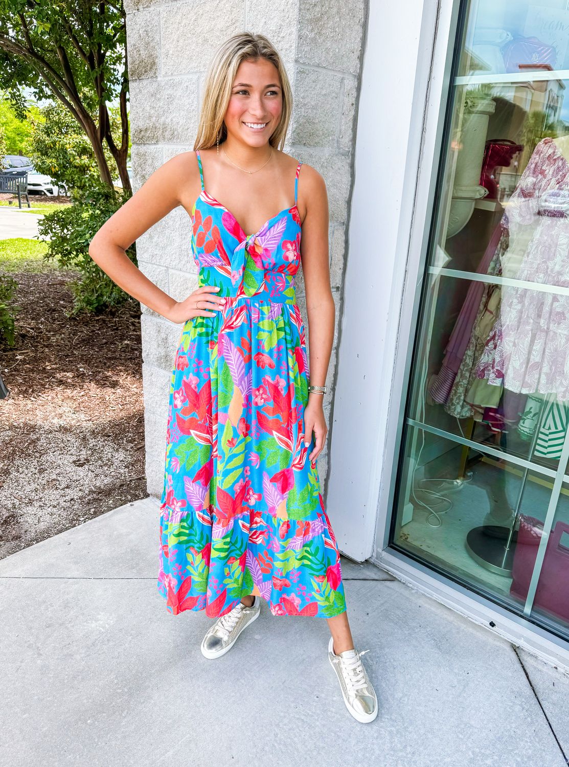 Tie Front Floral Midi Dress - Blue