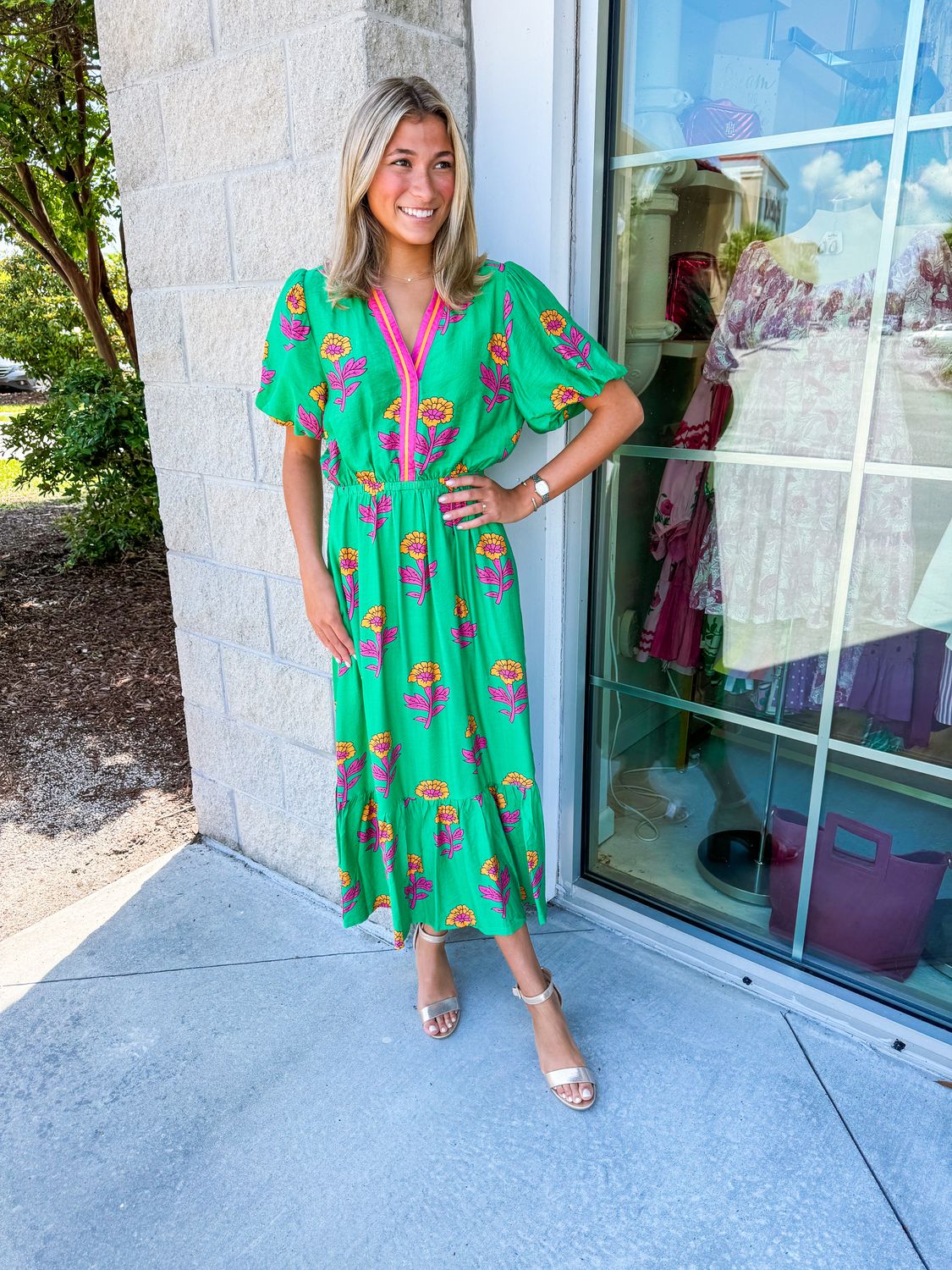 Contrast Stripe Floral Midi Dress - Green