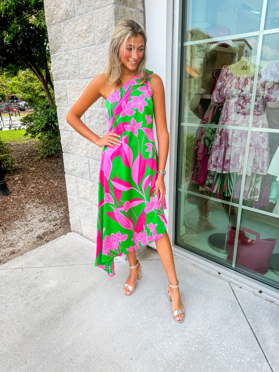 Floral Asymmetrical One Shoulder Dress - Green