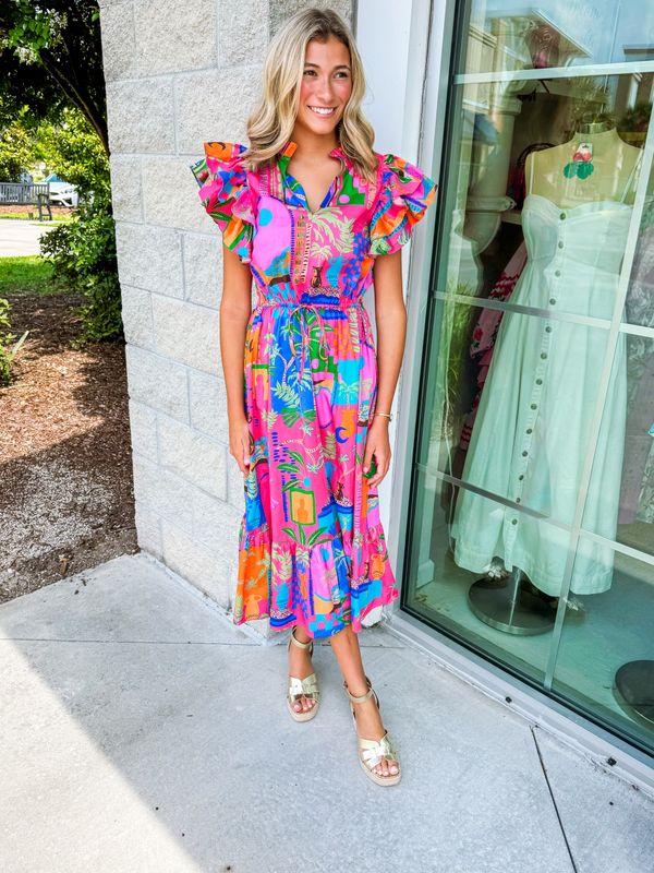 Tropical Vacay Midi Dress - Fuchsia