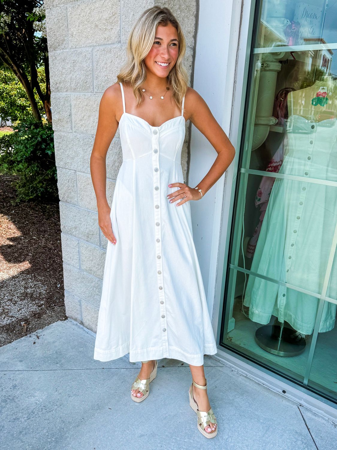 Button Down Denim Dress - White