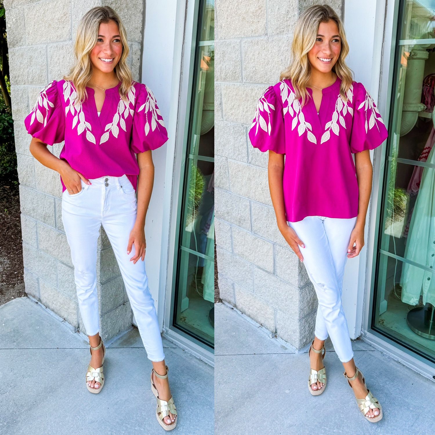 Puff Sleeves Embroidery Detail Top - Magenta