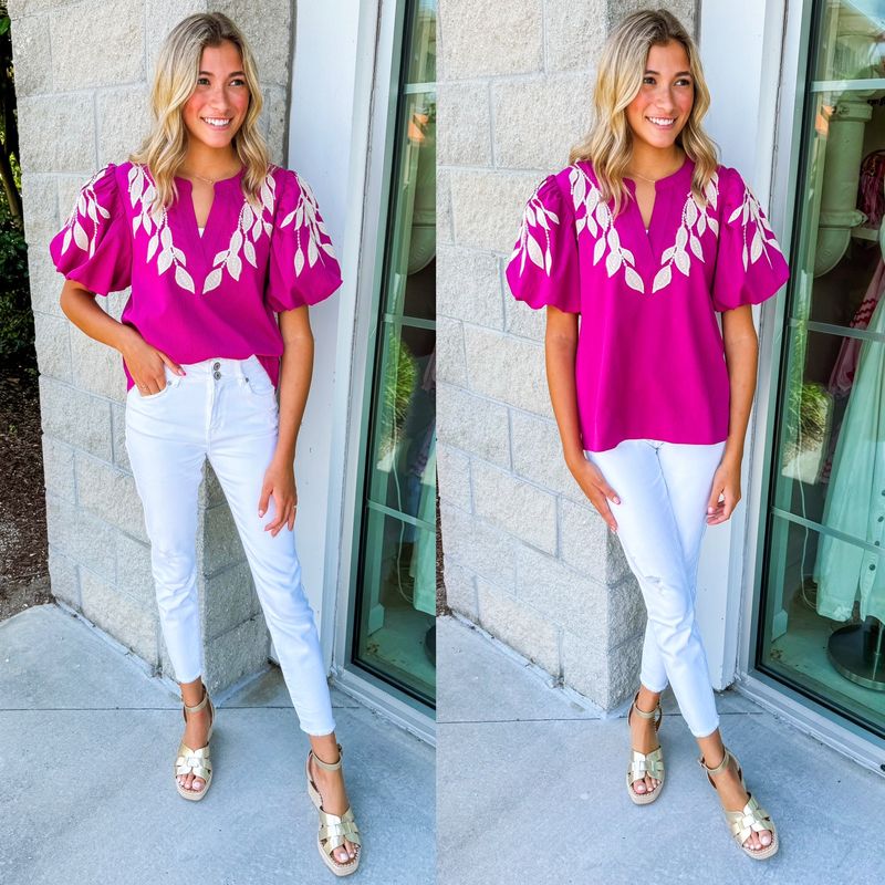 Puff Sleeves Embroidery Detail Top - Magenta