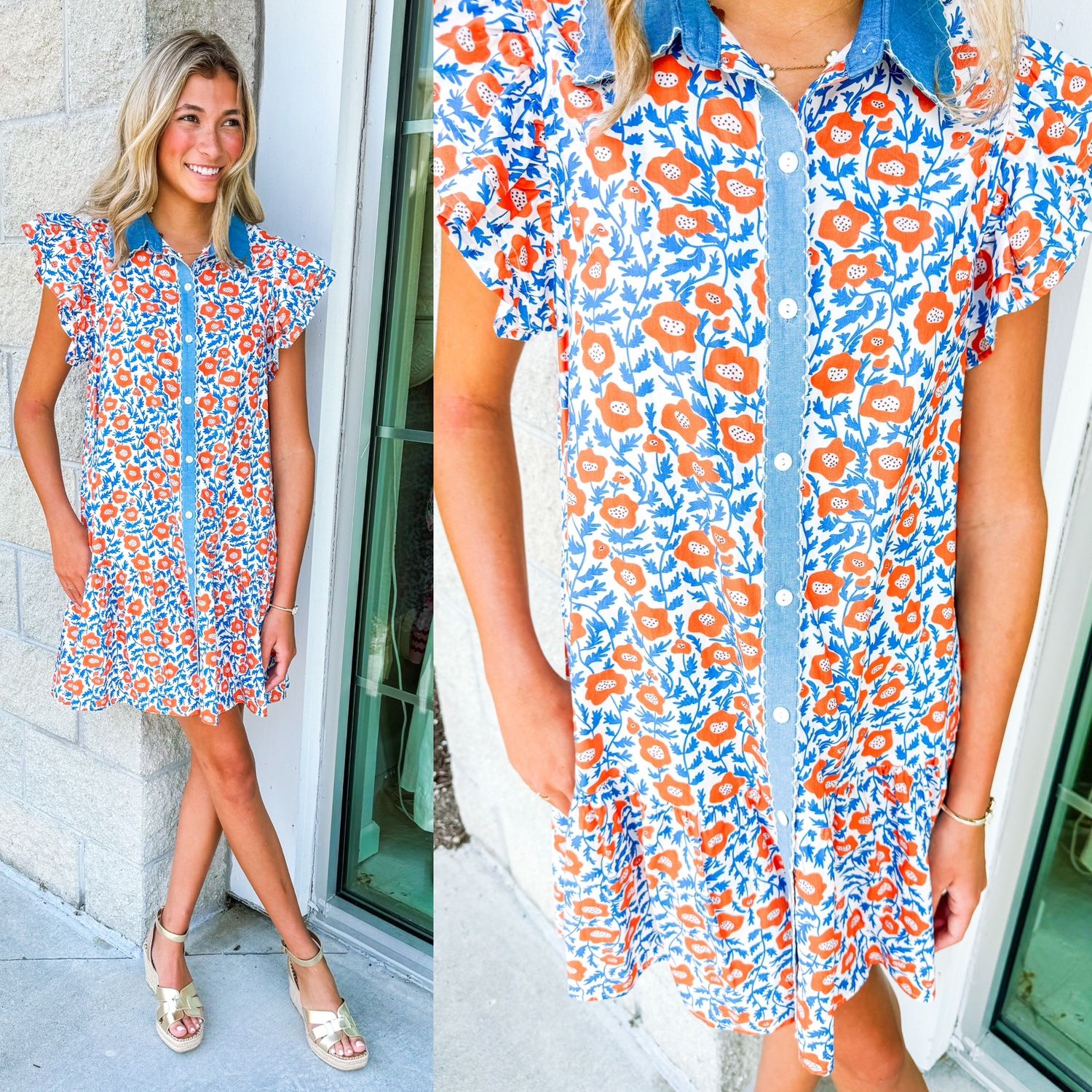 Contrast Detail Floral Button Down Dress - Orange