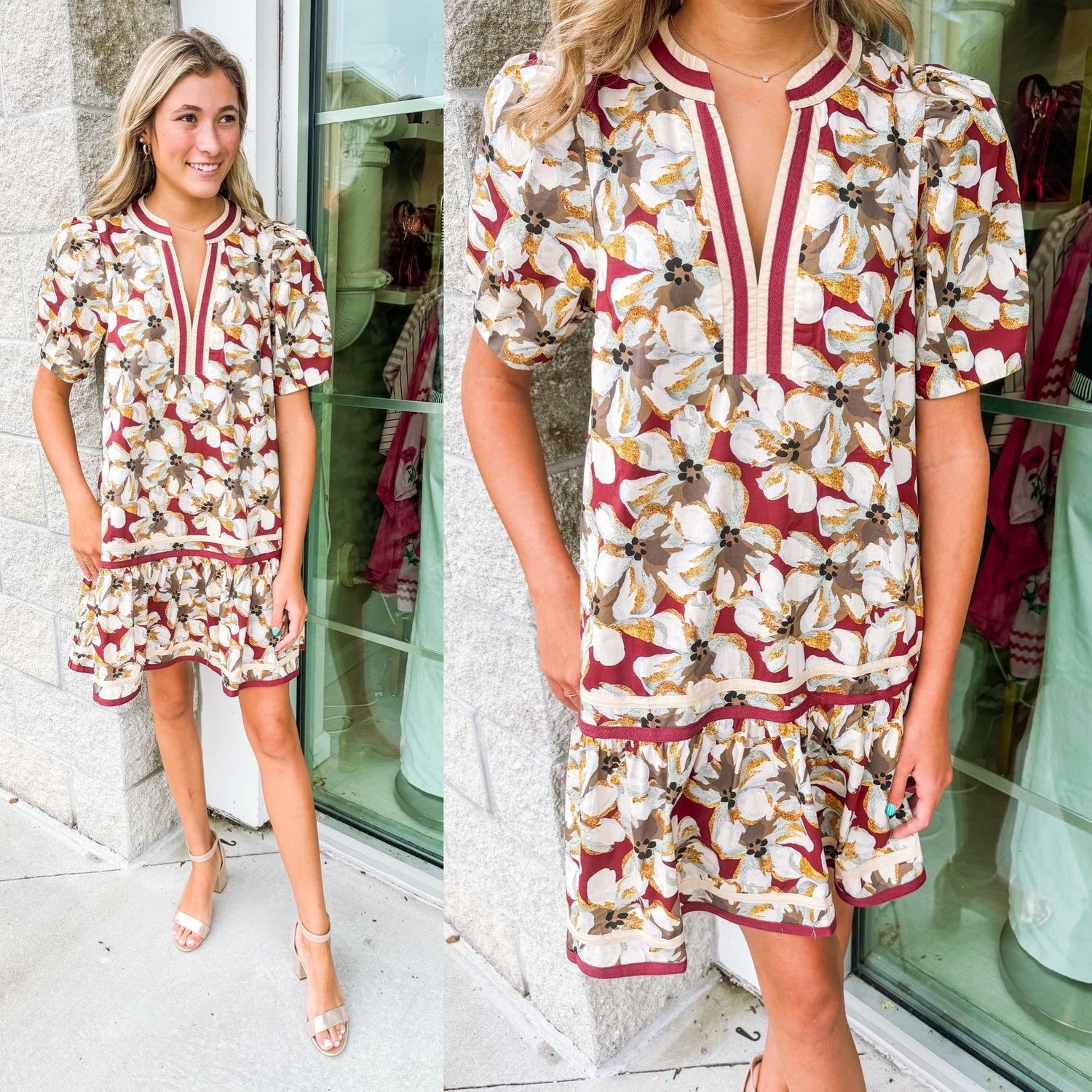 Contrast Band Floral Dress - Wine