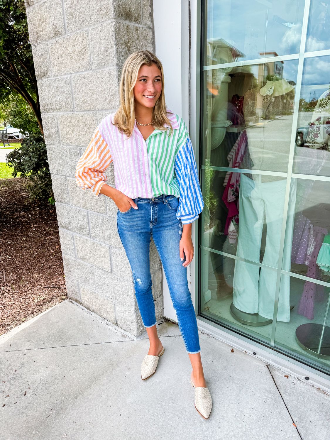 Color Block Striped Button Down Shirt - Pink