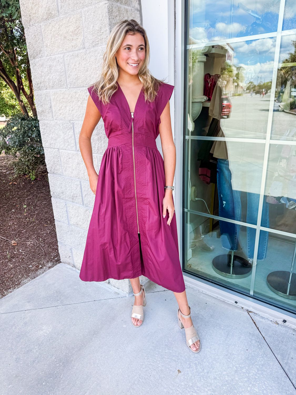 Stitching Detail Zipper Midi Dress - Wine