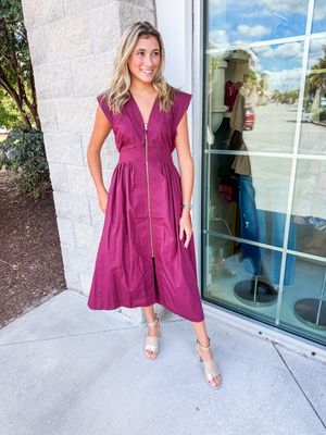 Stitching Detail Zipper Midi Dress - Wine