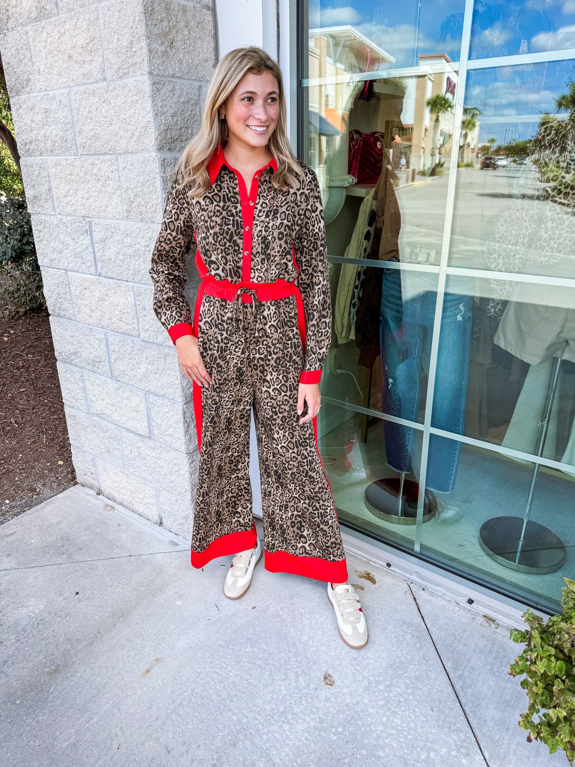 Red Contrast  Accent Leopard Jumpsuit
