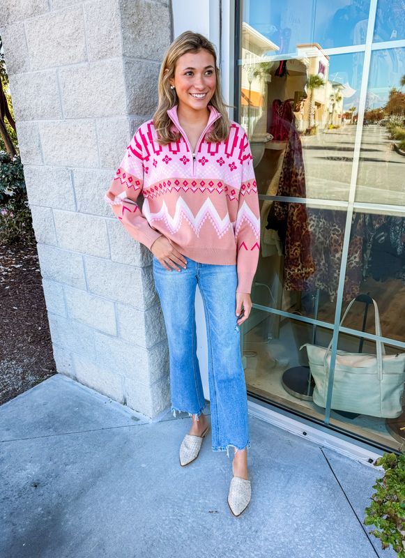 Geo Print Zip Up Sweater - Caramel/Pink