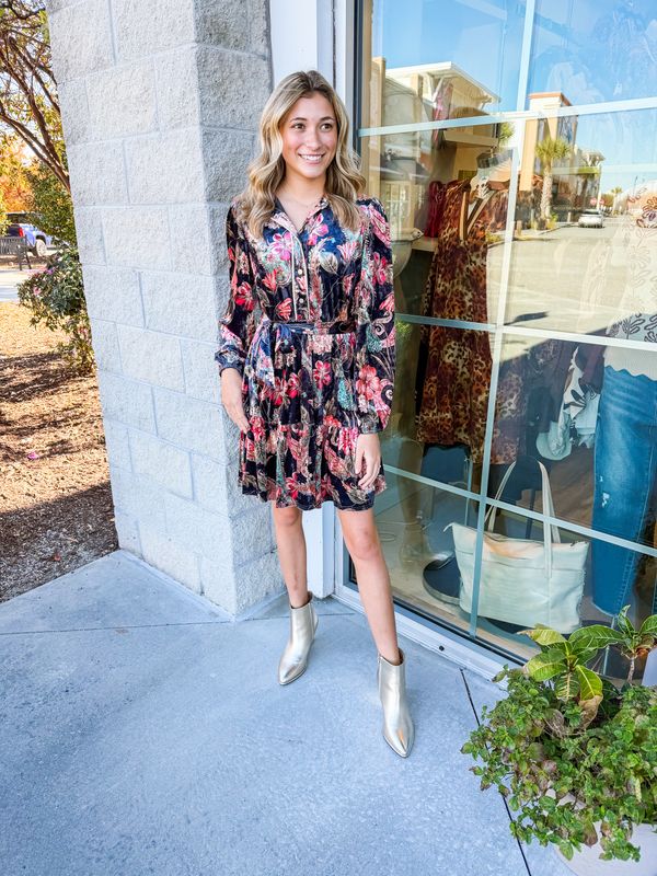 Floral Paisley Velvet Dress - Black