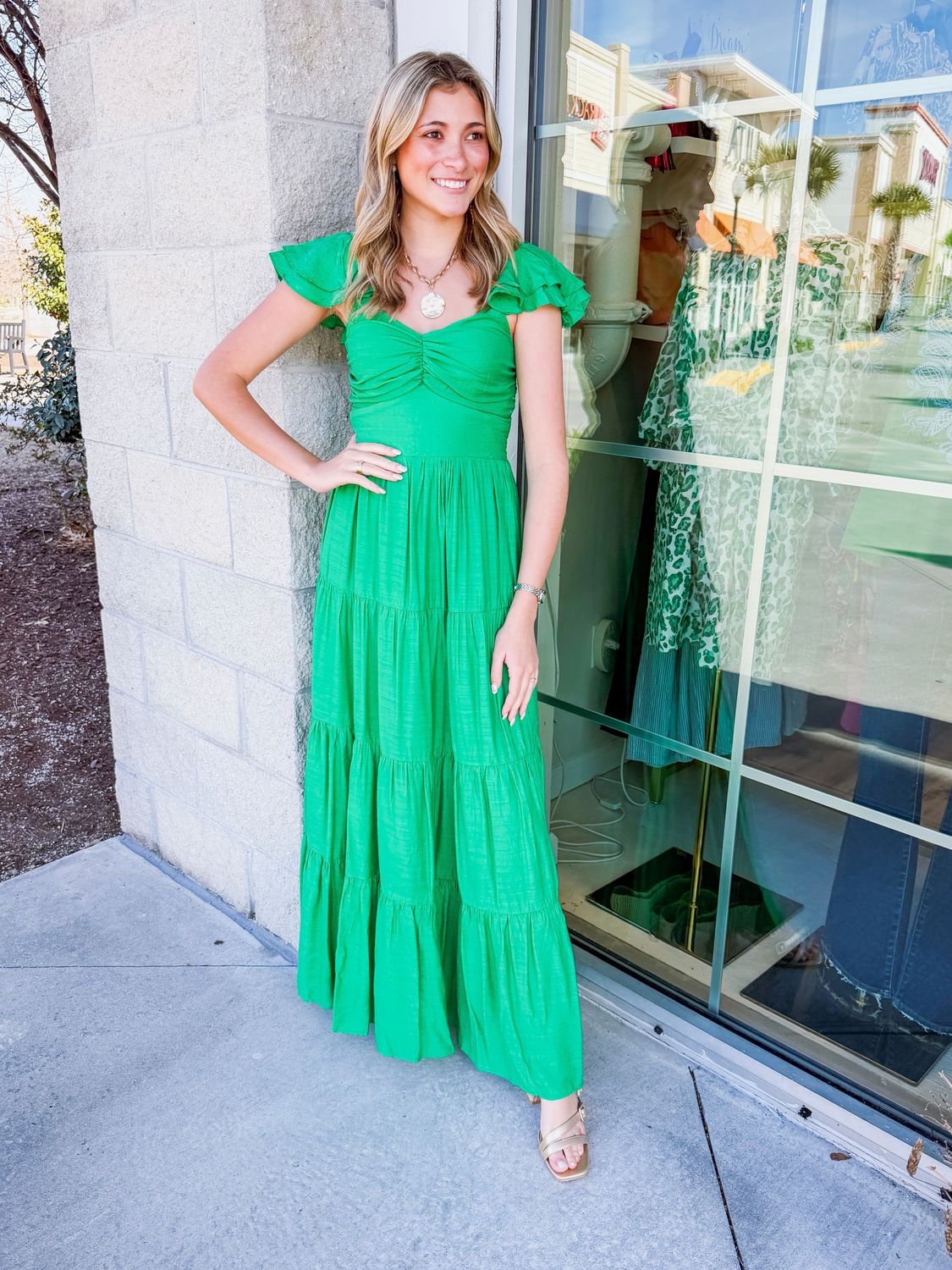 Layered Sleeves Cinched Maxi Dress - Green