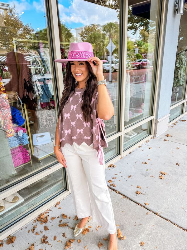 Bow Tie Sides Bow Print Sweater - Mocha
