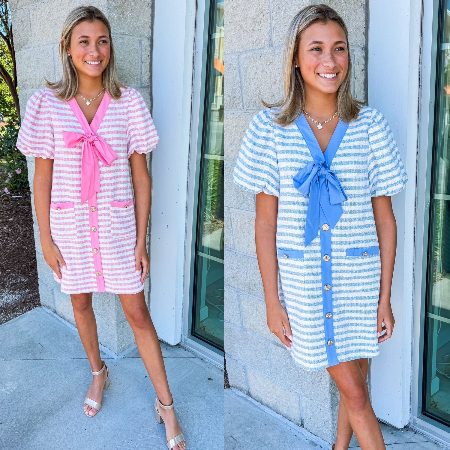 Bow Tie Striped Boucle Button Down Dress