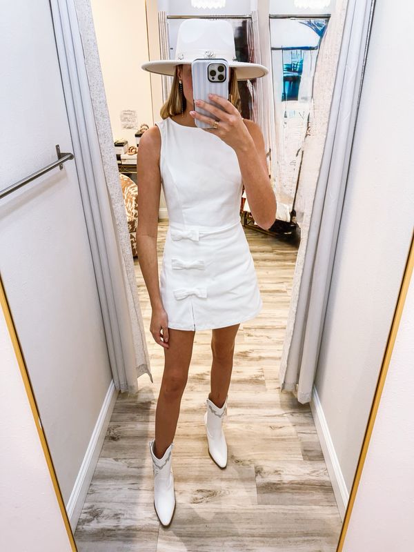 Side Bows Denim Skort Romper - White