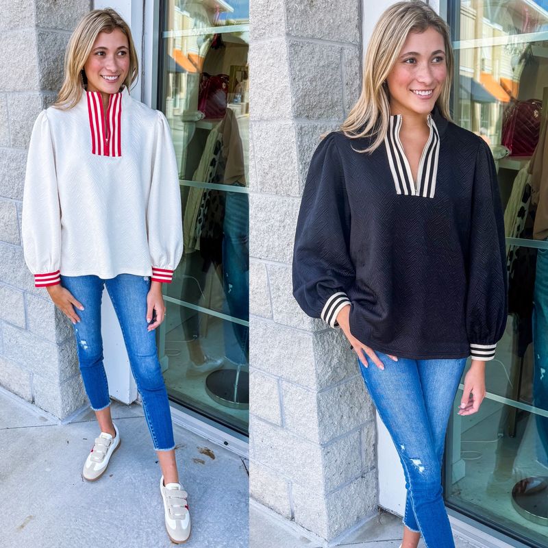 Striped Band Textured Zip Up Sweatshirt