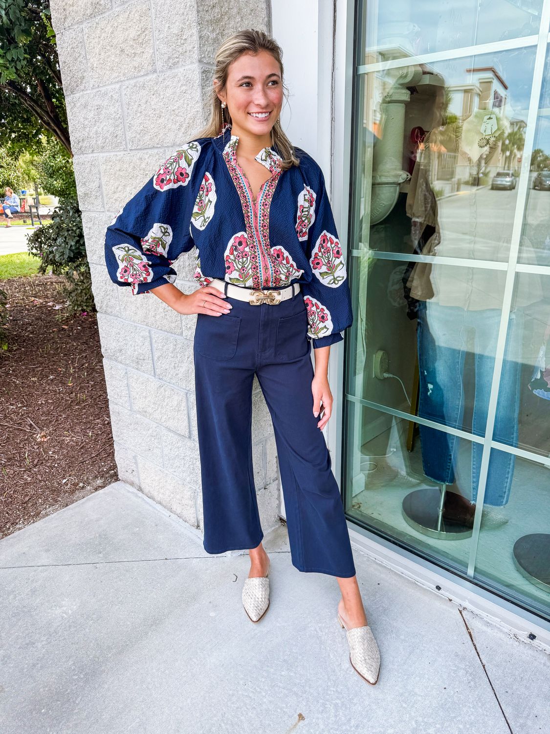Floral Border Print Top - Navy