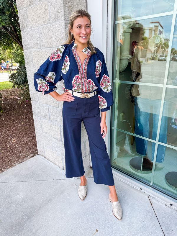 Floral Border Print Top - Navy
