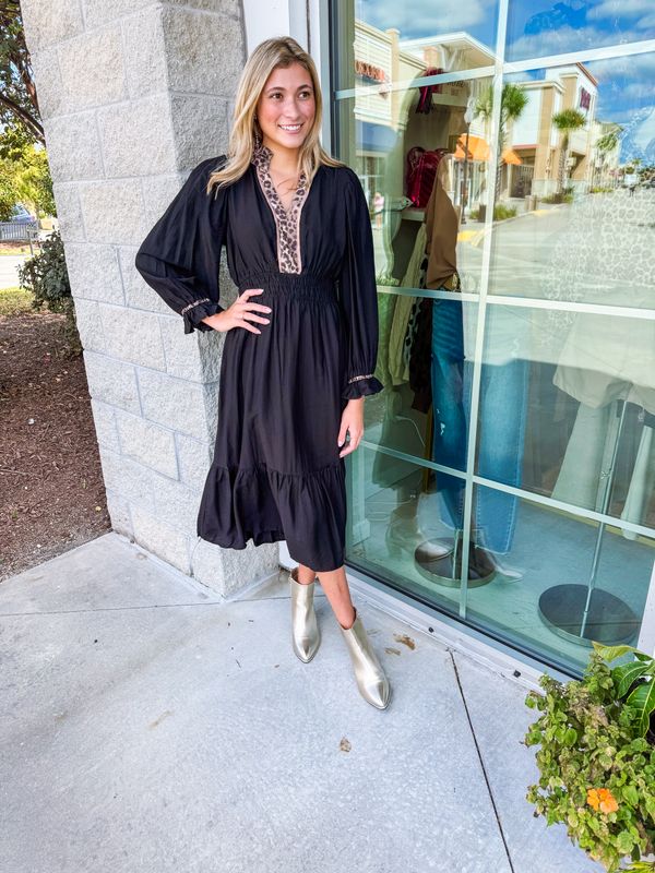 Leopard Trim Midi Dress - Black