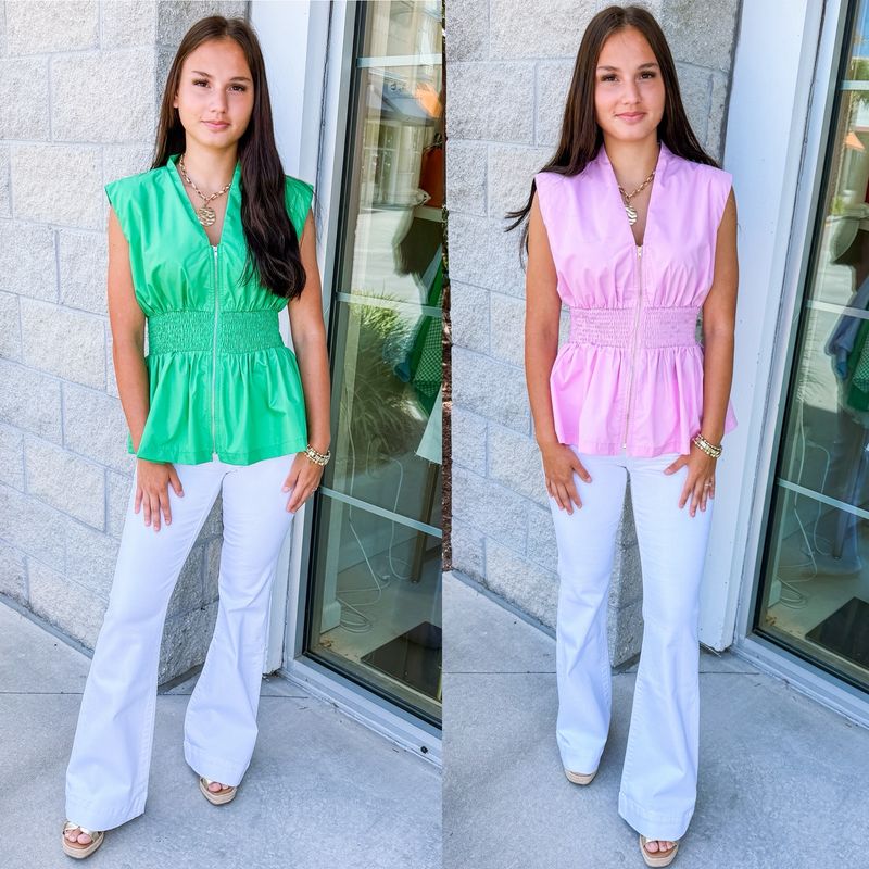 Smocked Waist Zipper Top