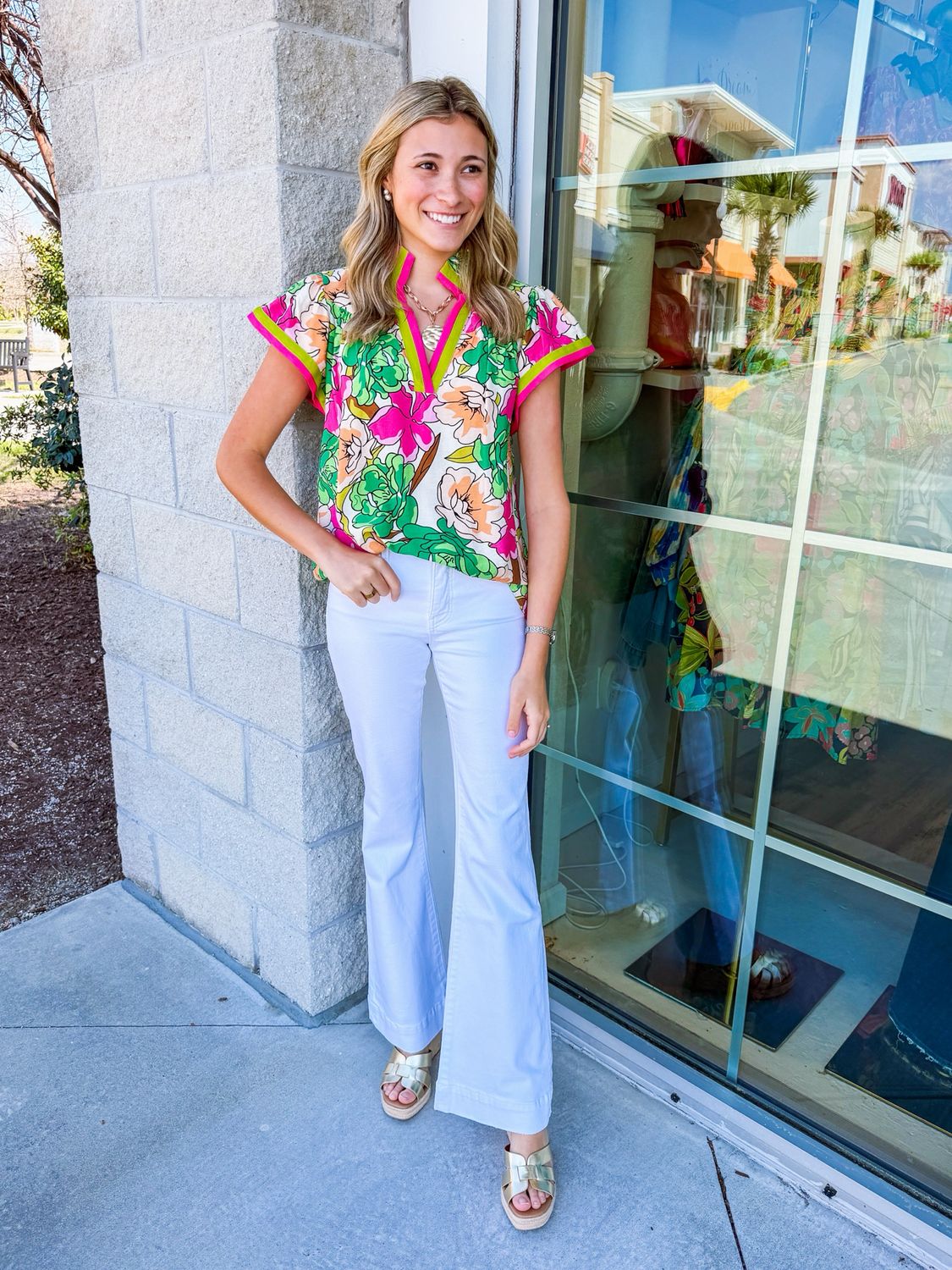 Contrast Trim Floral Top - Green