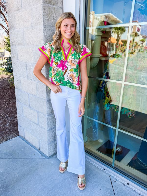 Contrast Trim Floral Top - Green